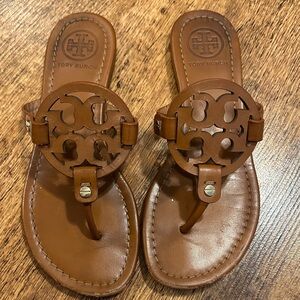 Tory Burch Cognac Leather Logo Thong Sandals